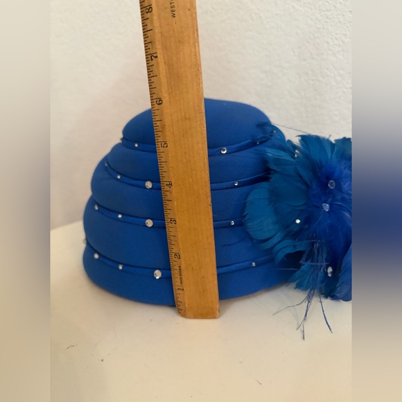 Vintage Church blue hat turbo crown style blue feathers rhinestones 7 1/4 Milano main image 6